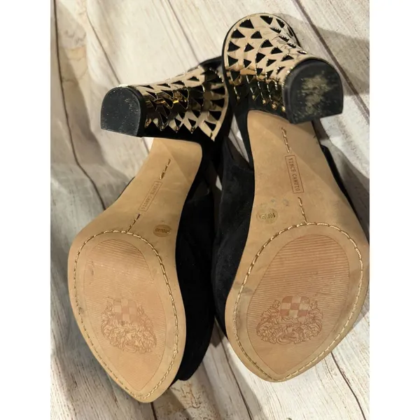 Vince Camuto black suede peep toe shoes Gold Metal Cut Out Heel Size 10 - Image 6