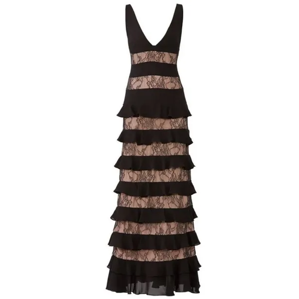ML Monique Lhuillier Black Lace Panel Tiered sleeveless Formal Gown Dress 10 - Image 4
