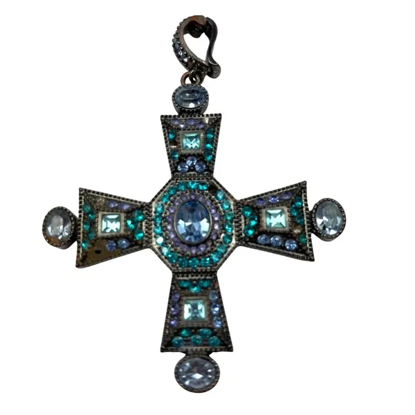 Vintage Cross Pendant W/ Blue & Turquoise Stones Antique Silver-Tone Finish A432 - Image 4