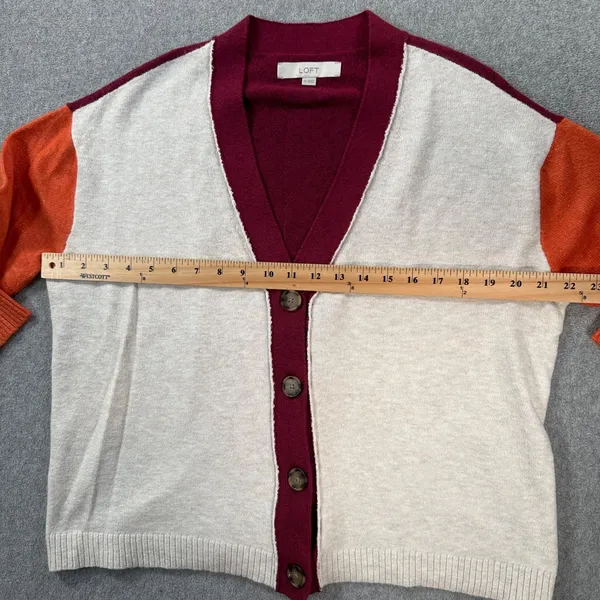 LOFT Colorblock Knit Cardigan Sweater Women's X-Small Button Front Burgundy - Image 7