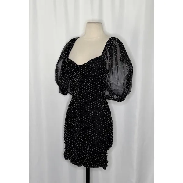 ZARA Chiffon Black Polka Dot Ruched Mini Dress Black Gray Party Blogger‎ Small - Image 6