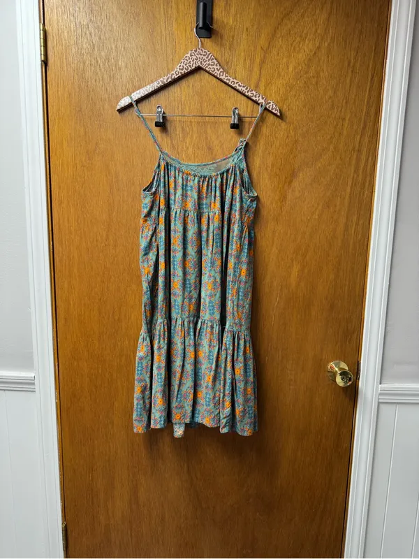 Natural Life Sleeveless Lace Inset Tiered Mini Dress Floral Teal Orange Medium - Image 11