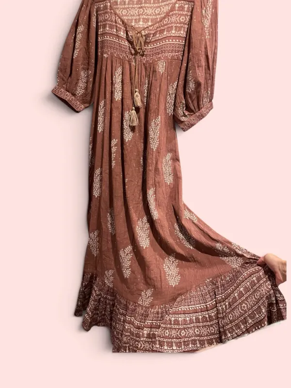 Daughters of India Mishka floral cocoa tassel metallic thread maxi dress boho - Image 2