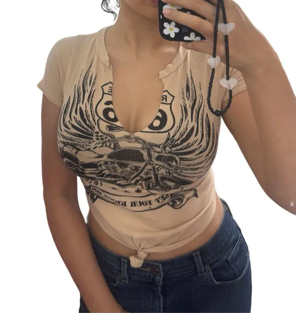 Windsor Size Medium Motorcycle Crop Top Route 66 Rocker V-neck Shirt Tan & Black - Image 3