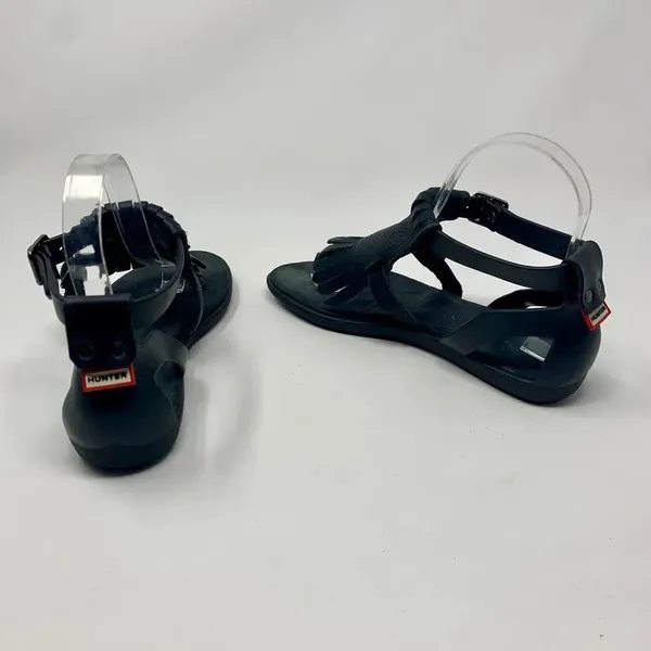 Hunter Original‎ Fringe T-Bar Leather Sandals Black - Image 8