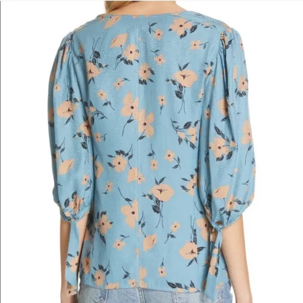 Rebecca Taylor Daniella Floral Blouse Dot Pattern Blue V-Neck Top Tie Cuff Women - Image 2