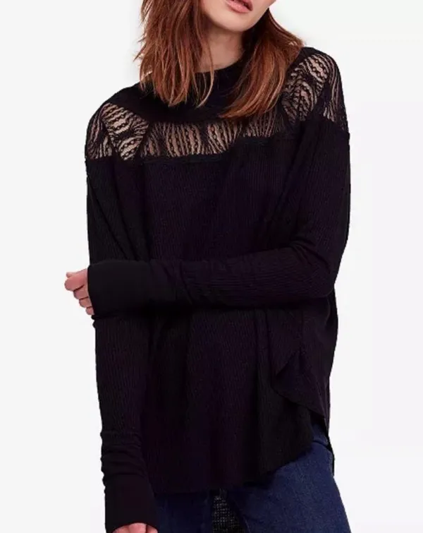 Free People Spring Valley Black Thermal Lace-Trim Top W-128 Sz Small - Image 3