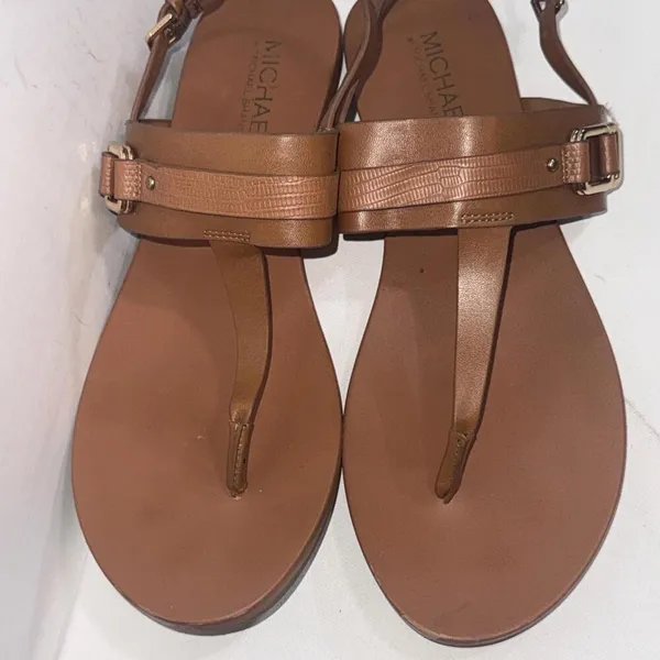 MICHAEL KORS Thong Sandals Brown Faux Leather Slingback Designer Shoes Sz 10‎ M - Image 6