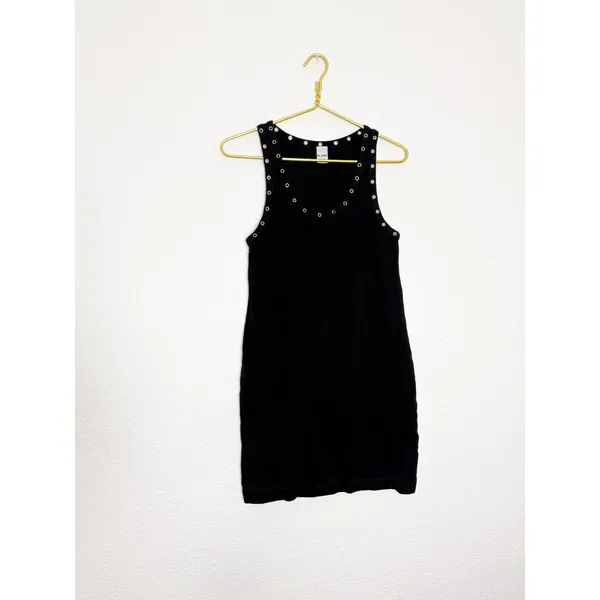 Re/Done Eyelet-Embellished Mini Dress Size Large Black Ribbed Grommet Grunge - Image 4