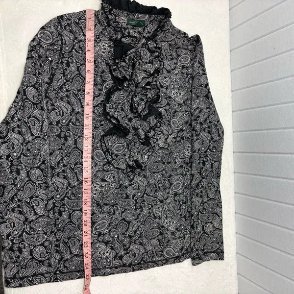 Ralph Lauren Black White Paisley‎ Ruffle Front Long Sleeve Cotton Blouse Size XL - Image 10