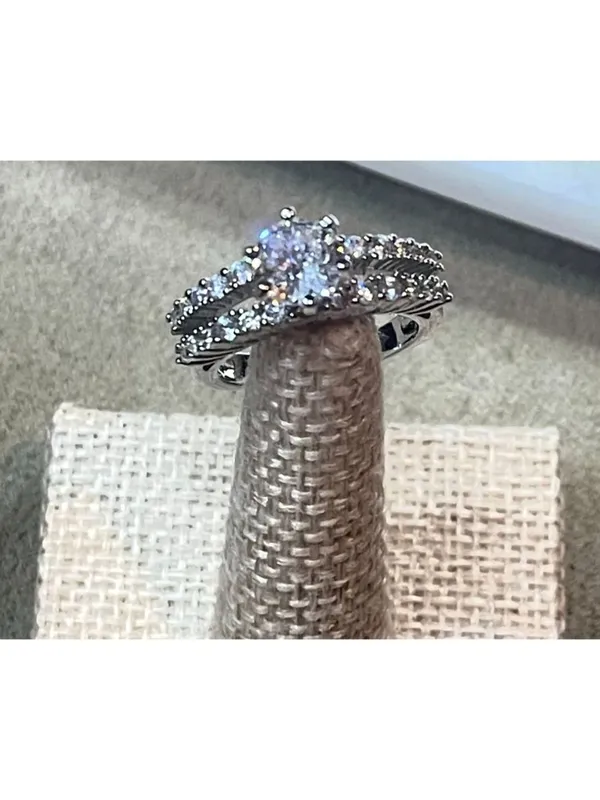 Women’s Stainless Steel Round Cut Cubic Zirconia Double Row Pavé Statement Ring - Image 5