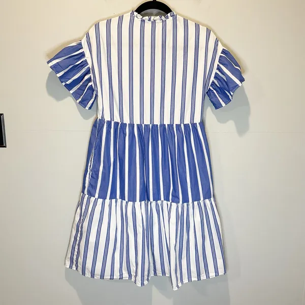 Villagallo Blue & White Stripe Tiered Cotton Mini Dress - size 36 (US 4) - Image 5