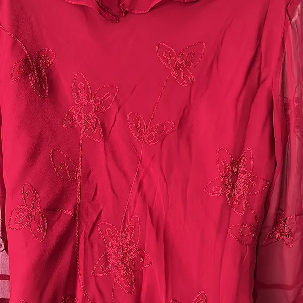 Silkland Gorgeous 💯% Silk Flutter Sleeves Red Sequin Shirt Top **Size L** 🔥🔥 - Image 4