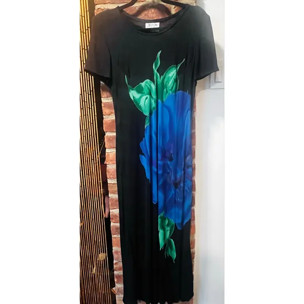 Vintage 90s Jeffrey & Dara Floral Maxi Dress Black with Blue Flower Large - Image 2