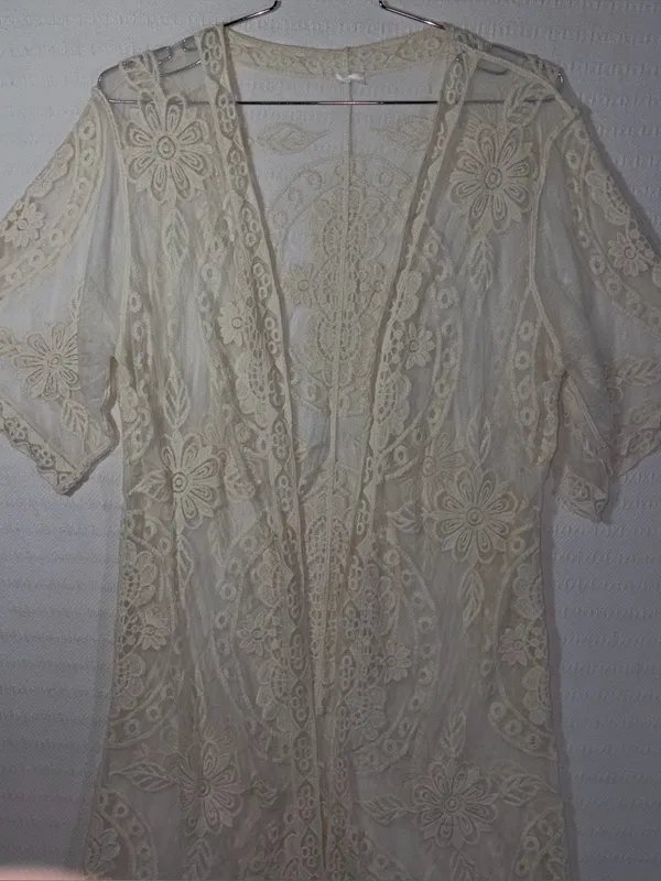 Open Lace Ivory Festival Mesh Kimono Top Size M Relaxed Boho Country Cowgirl - Image 3