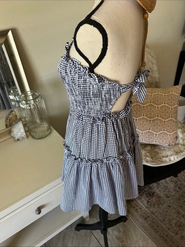 Altar’d state navy white gingham ruffle strapless western rush mini dress M - Image 5