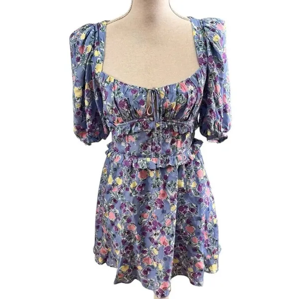 Love & Lemons Charlene Puff Sleeve Mini Dress in blue floral print - Image 2