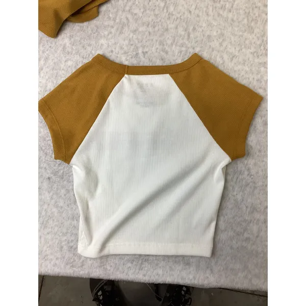 Roxy Womens Floral Raglan Ribbed Baby Tee Mustard Yellow White Crop Top Small. - Image 4