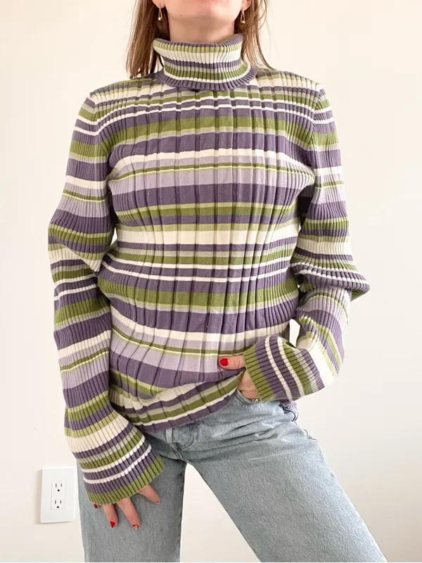 Vintage Jones New York Striped Turtleneck Rib Knit Sweater - Purple & Green - Image 4
