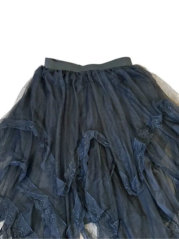 Black Tulle Asymmetrical Midi Skirt Ruffle Lace Trim Dark Romantic Goth Lolita - Image 3