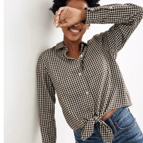 Madewell Brown Gingham Check Button Down Tie Front‎ Cotton Shirt AE769 Womens M - Image 3