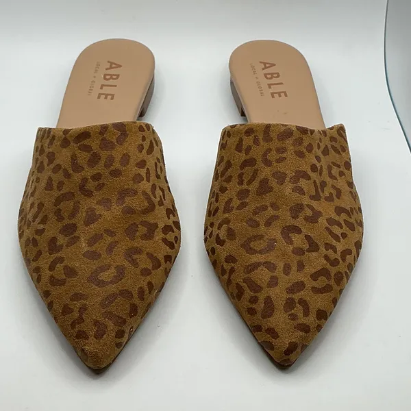 ABLE Leopard Print Suede Pointed Toe‎ Mules Flat Slides Brown Tan Mens 7M Size 7 - Image 2