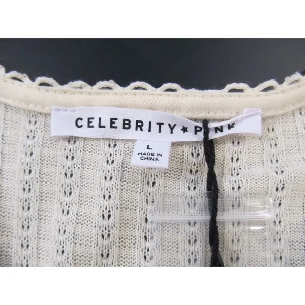 Celebrity Pink L Cream Cardigan Pointelle Ribbed Scallop Trim Long Sleeve NWT - Image 4