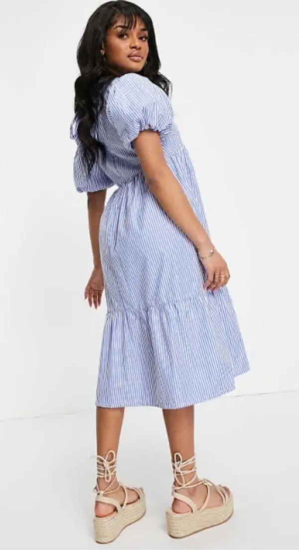 ASOS Puff Sleeve Dress Midi blue stripped - Image 2