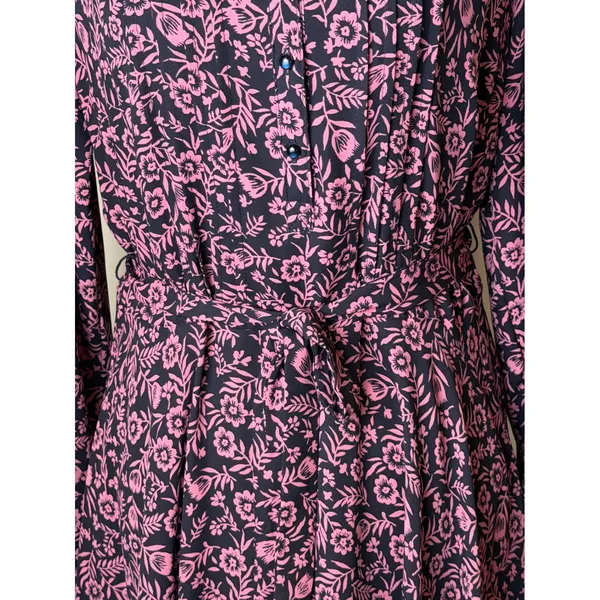 Nanette Lepore Floral Midi Dress Women 8 Navy Blue Pink Long‎ Sleeve Belted Boho - Image 8