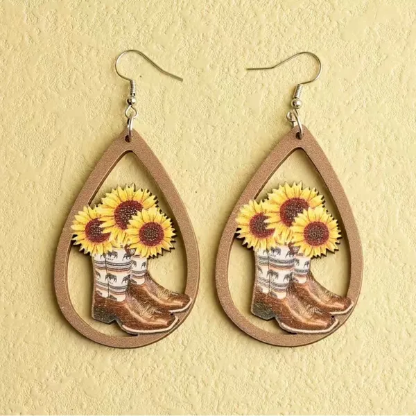 Western‎ Retro Personality Cowboy Boots Sunflower Earrings Wooden Water Drop - Image 4