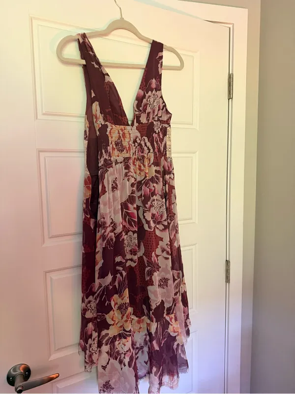 Free People Purple Floral Midi Dress with cream lace - Image 3