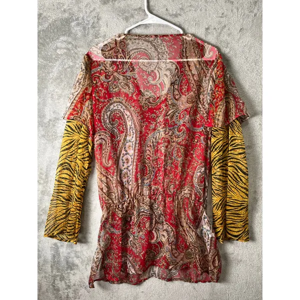Vintage Boho Paisley Tunic Top Beaded Neckline Sheer‎ Blouse Peasant Festival XL - Image 4