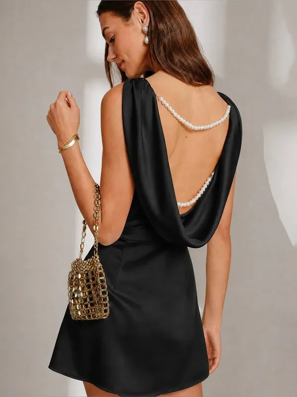 Rihoas Black Boat Neck Pearl A-Line Mini Dress - Image 2