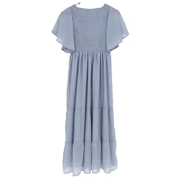 Womens Dusty Blue Swiss Dot Smocked Maxi Dress Boho Flutter Sleeve Tiered M - Image 4