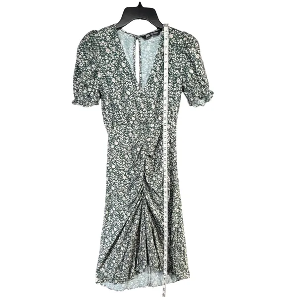 Zara Floral Green‎ Gathered Midi Dress V-Neck Puff Sleeve Cottagecore Prairie XS - Image 8