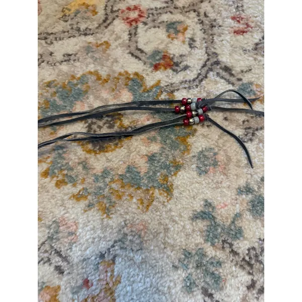 Southwestern Grey Leather Beaded Concho Belt Red White Blue Wrap Tie Waist‎ - Image 3