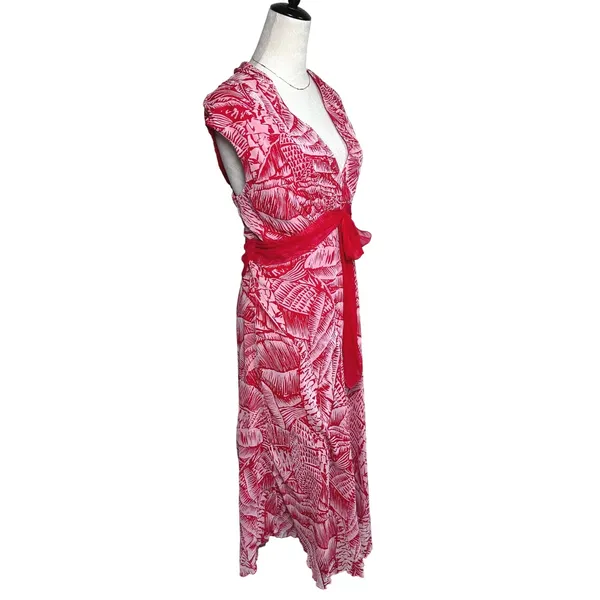 Jonathan Martin Red Silk Tropical Palm Print Resortwear Vacation Midi‎ Dress 16 - Image 6