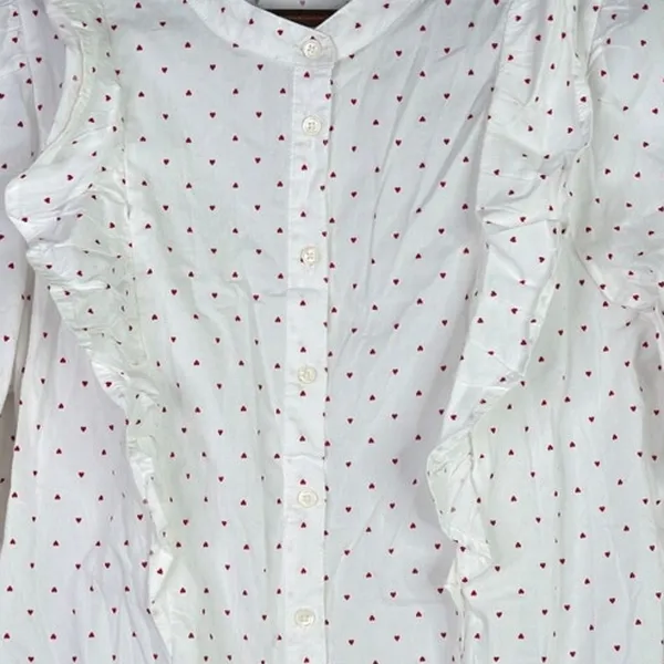 J.Crew Cotton Poplin Ruffle Heart Print Button Down LongSleeve Shirt M White Red - Image 10