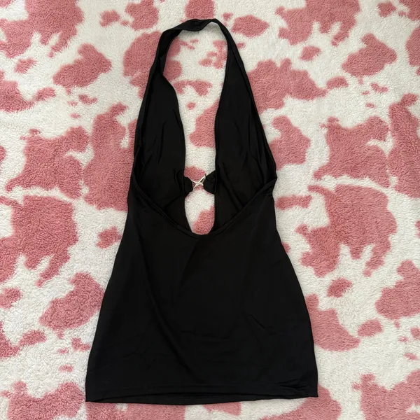 Black Backless Halter Top with Silver Clasp – Y2K Deep Plunge Longline Going Out Top Small 🔥 - Image 6