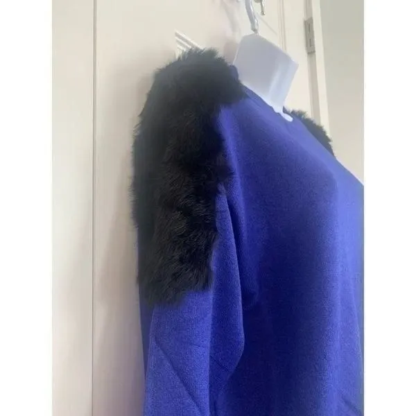 12th Tribe Royal Blue Faux Fur‎ Shoulder Trim Crewneck Sweater Large Maximalist - Image 2