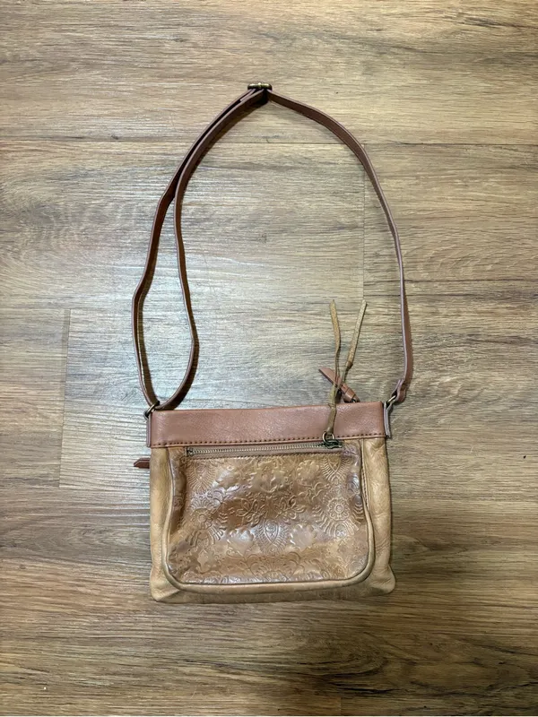 The Sak Leather Crossbody Bag Brown Embossed Floral Pocket Adjustable Strap Boho - Image 3