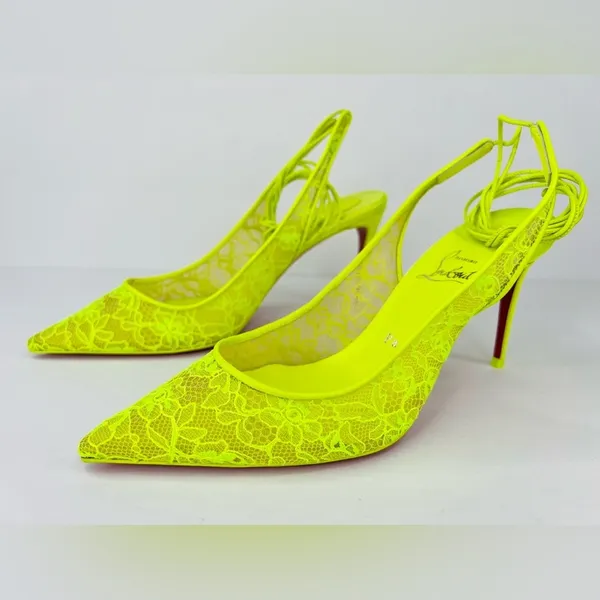 Christian Louboutin Kate 85mm Lace Wraparound Neon Fluo Yellow Pumps EU 38 - Image 4