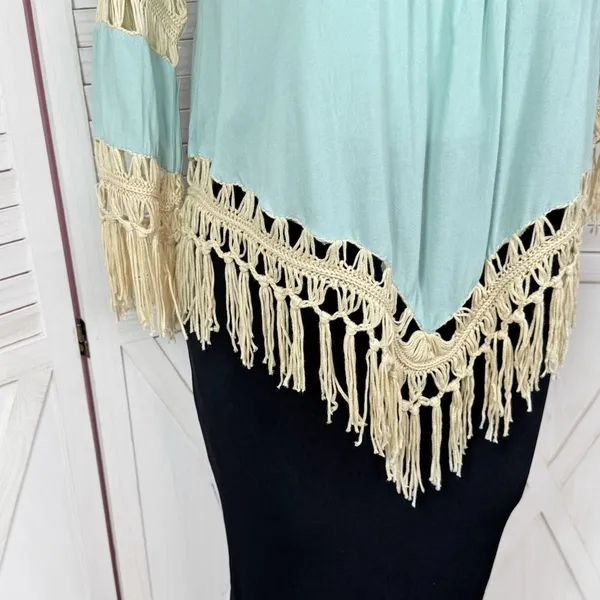 UMGEE Boho Peasant Crochet Fringe Hem Triangle Top‎ Teal Green Tan Large Hippie - Image 8