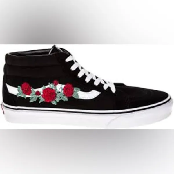 Vans Sk8 mid high‎ top sneakers rose thorns embroidered black red women’s size 8 - Image 9