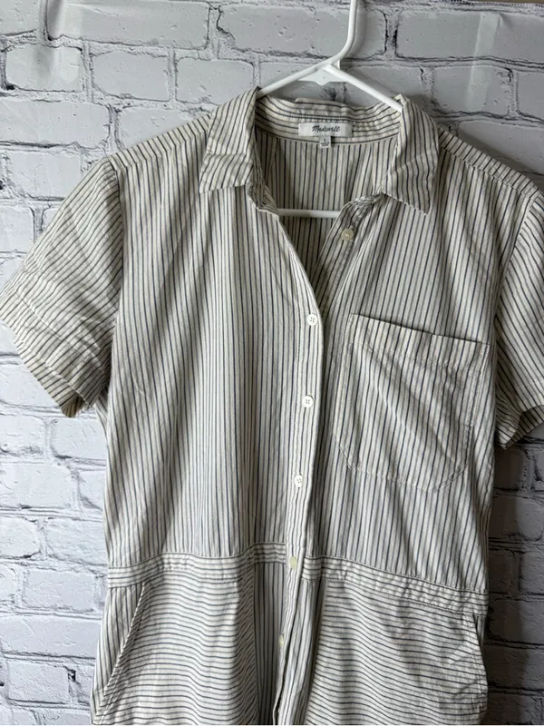 Madewell Cream and Navy Striped Button-Up jumpsuit wide leg size large - Image 5