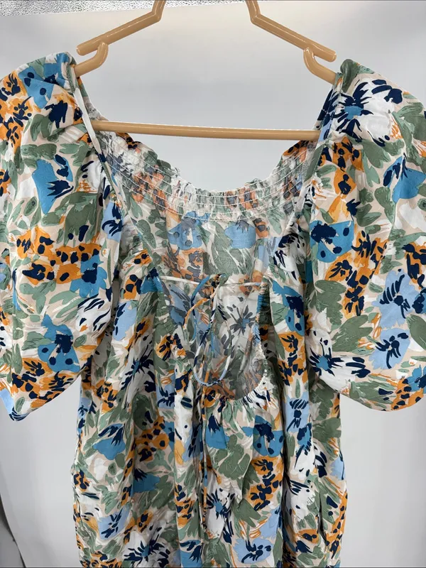 Emory Park smocked neckline flowy mini babydoll Dress S floral open back tie - Image 3