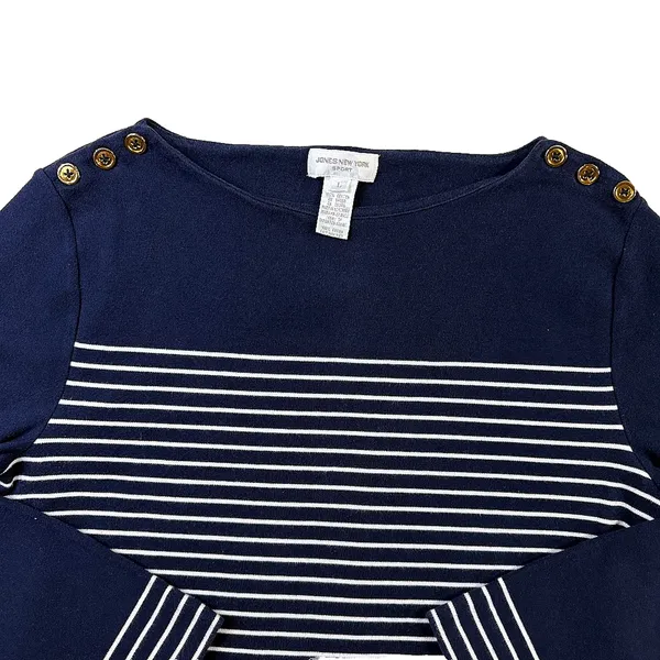 Jones New York Sport Breton Stripe Boat Neck Top Gold Button Shoulders L - Image 5