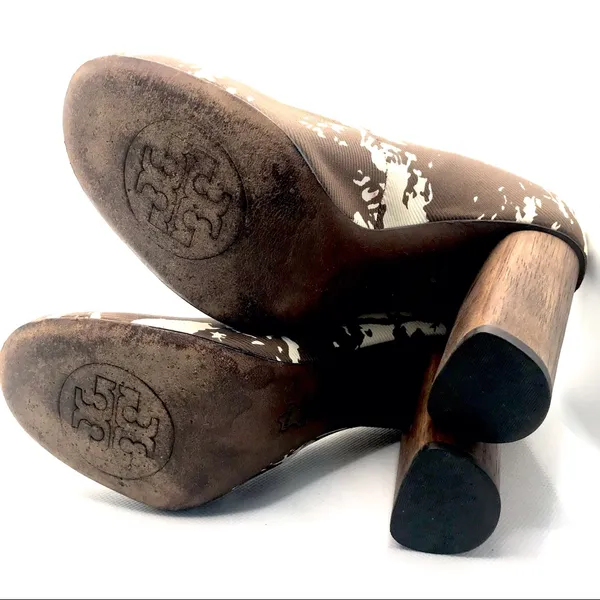 Tory Burch Brown & Cream Fabric "Bria" Stacked Heel Pumps (5m) - Image 11