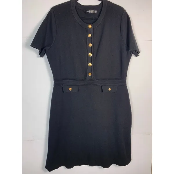 Merokeety Dress XL Black Gold Button Short Sleeve Knit Preppy Career Mini - Image 2