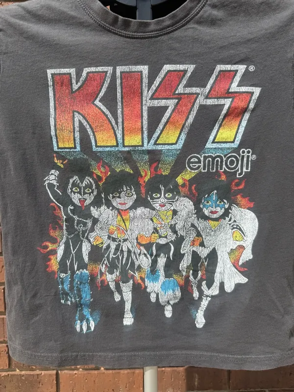 KISS x Emoji Graphic Rock Cropped T-Shirt Size Small Gene Simmons Paul Ace Gray - Image 2